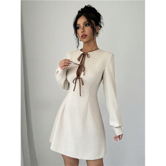 Women's Casual Color Block Drawstring Long Sleeve Dress, Spring/Fall - Picture 5 of 7